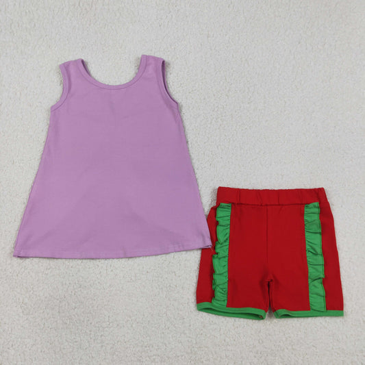 GSSO3465 Cartoon Princess Purple Backless Top Red Ruffle Shorts Girls Summer Cotton Clothes Set
