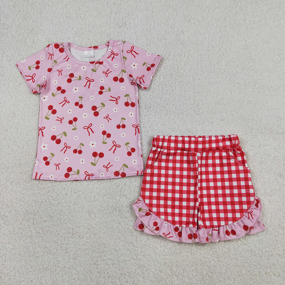 GSSO3470 Cherry Flowers Bows Top Plaid Shorts Girls Summer Clothes Set