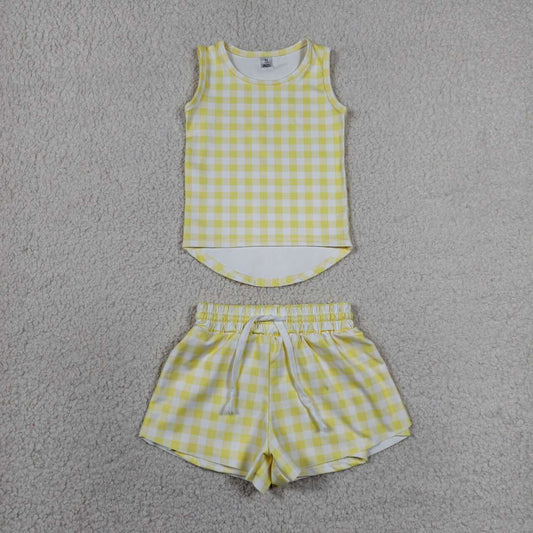 GSSO3475 Yellow Checked Vests Top Flutter Shorts Girls Summer Yoga Active Clothes Set