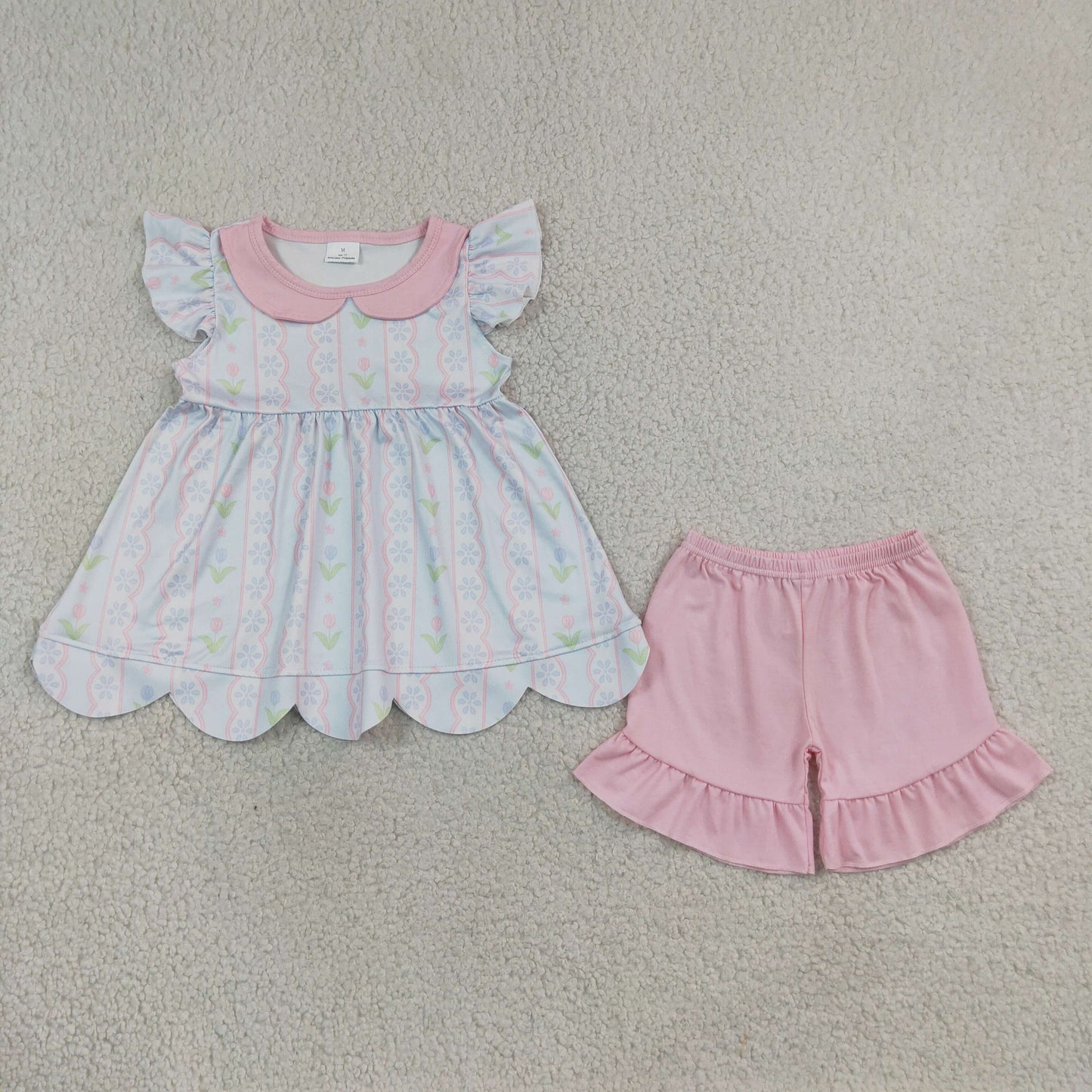 GSSO3490 Flowers Scallop Doll Collar Tunic Top Pink Shorts Girls Summer Clothes Set