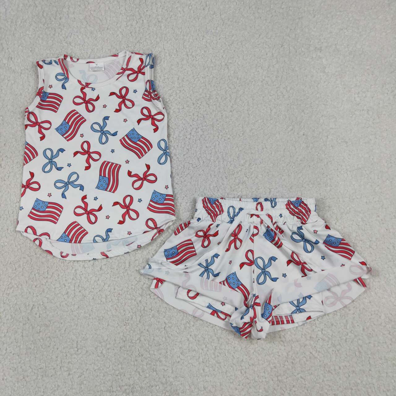 GSSO3520 Flag Bows Sleeveless Top Flutter Shorts Girls 4th of July Clothes Set