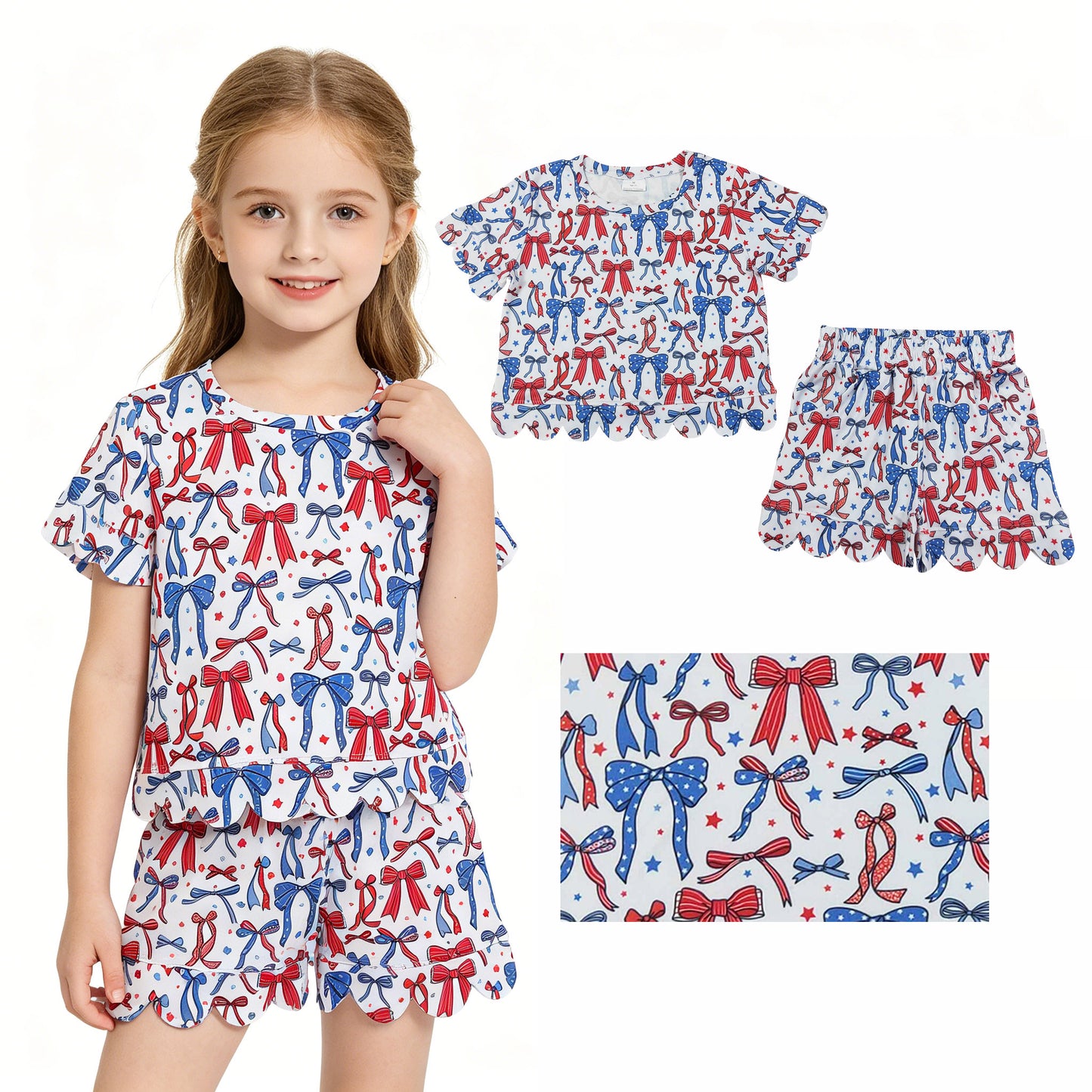 GSSO3548 Stars Bows Baby Girls 4th of July Scallop Clothes Set