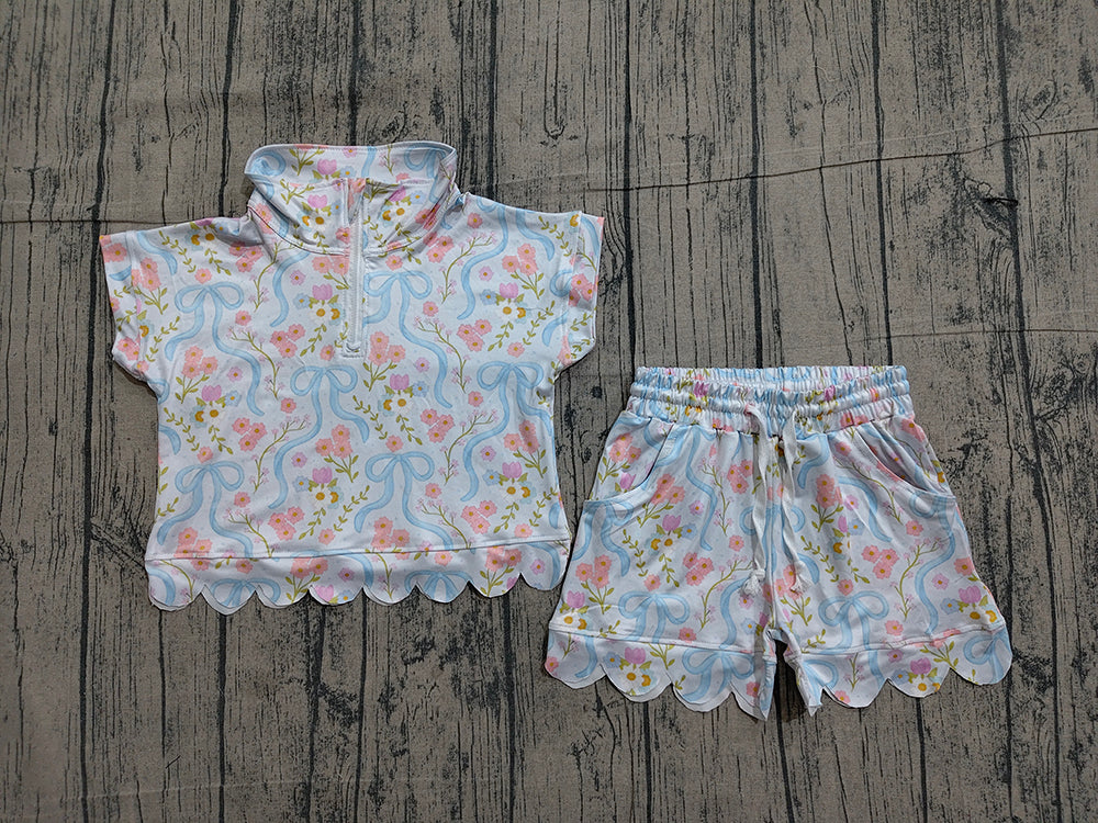 Preorder GSSO3575 Flowers Zipper Top Pockets Shorts Girls Summer Scallop Clothes Set