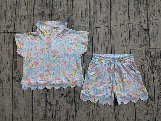 Preorder GSSO3575 Flowers Zipper Top Pockets Shorts Girls Summer Scallop Clothes Set