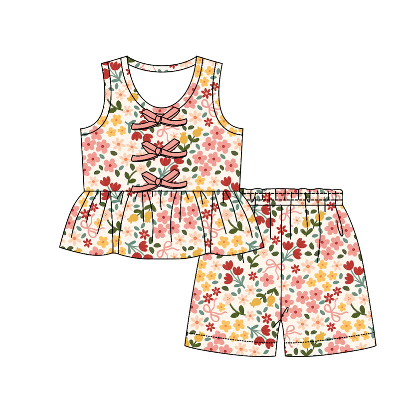 3.12 GSSO3591 Preorder Pink Flowers Bows Sleeveless Top Shorts Girls Summer Clothes Set