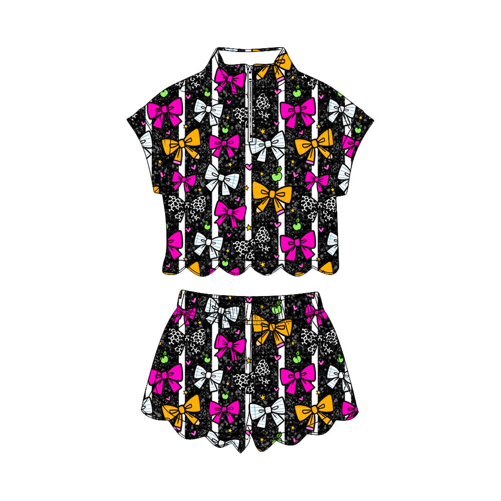 3.17 GSSO3594 Preorder Pen Bows Zipper Top Shorts Girls Back to School Scallop Clothes Set