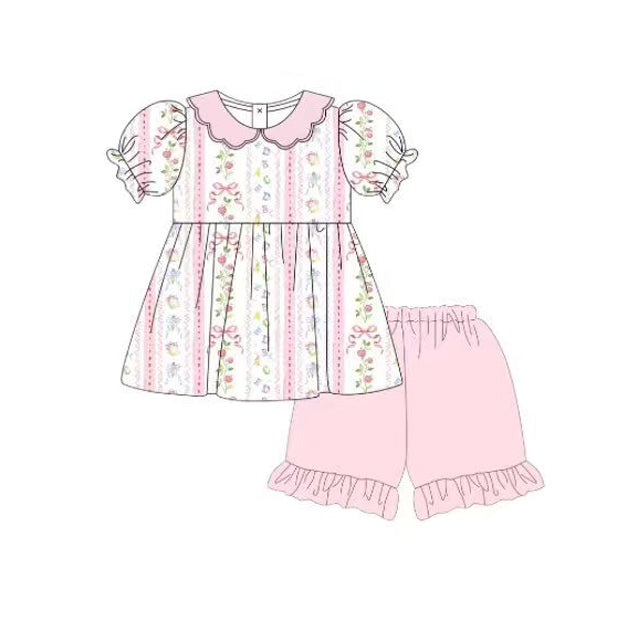 3.21 GSSO3615 Preorder Flowers Bows Tunic Top Pink Shorts Girls Summer Clothes Set