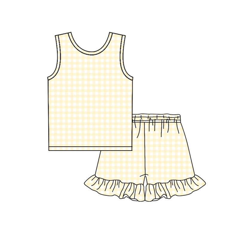 3.21 GSSO3626 Preorder Yellow Plaid Sleeveless Top Ruffle Shorts Girls Summer Clothes Set