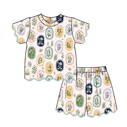 3.26 Baby Girls Colorful Flowers Top Short Scallop Clothes Sets Preorder
