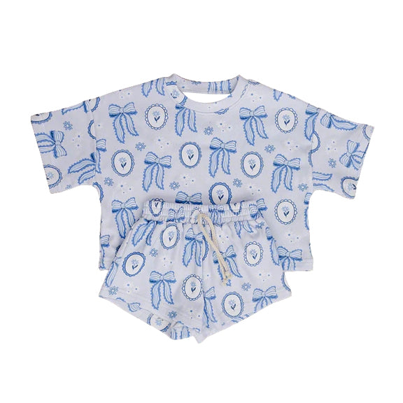 3.26 Baby Girls Blue Bows Flowers Top Short Clothes Set Preorder