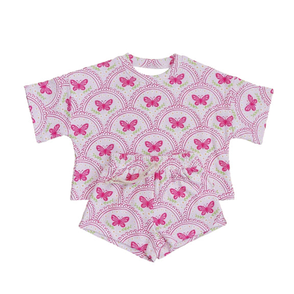 3.26 Baby Girls Pink Butterfly Flowers Checked Top Short Clothes Set Preorder
