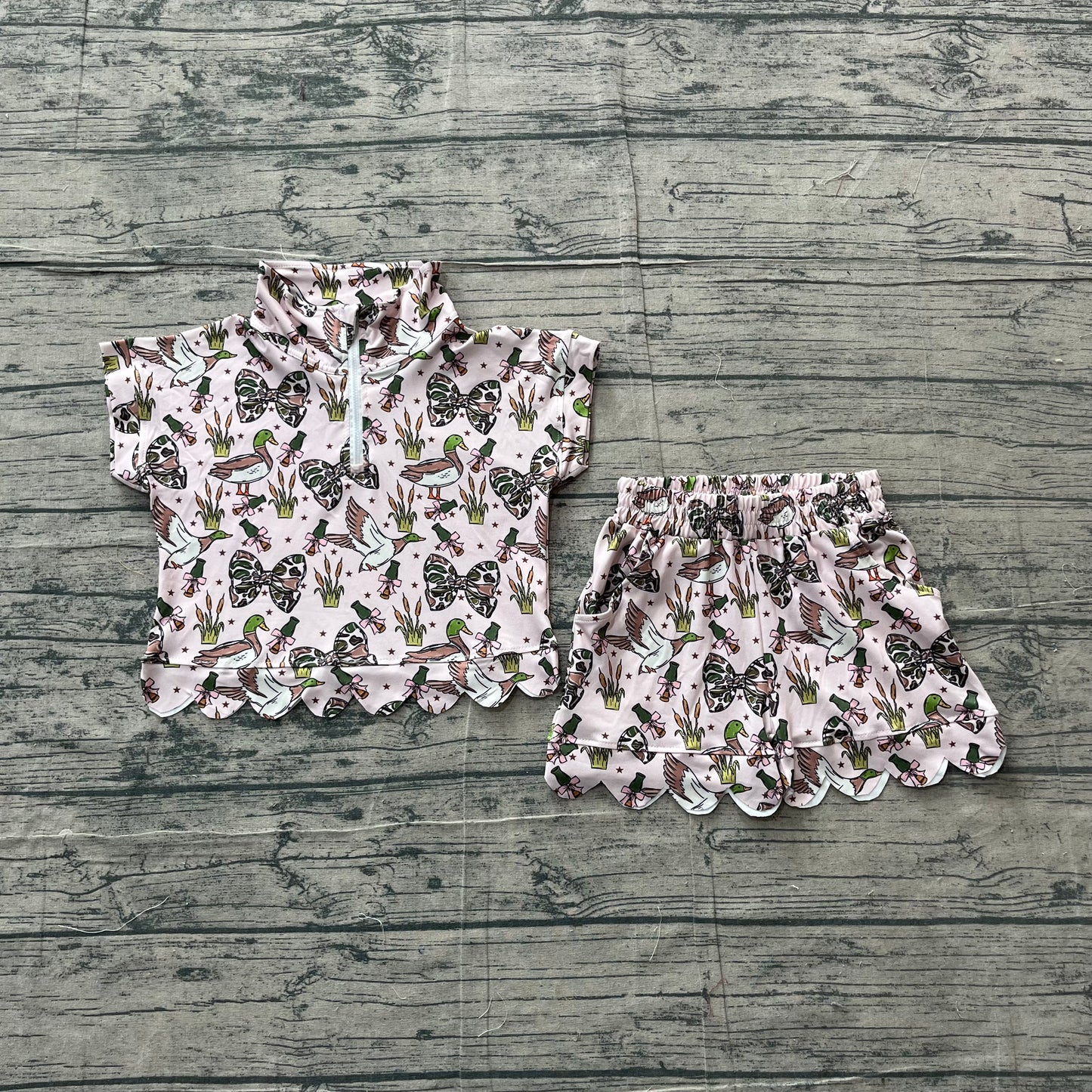 GSSO3669 Duck & Bow Print Zip Pullover Top Pockets Shorts Girls Summer Casual Outfits