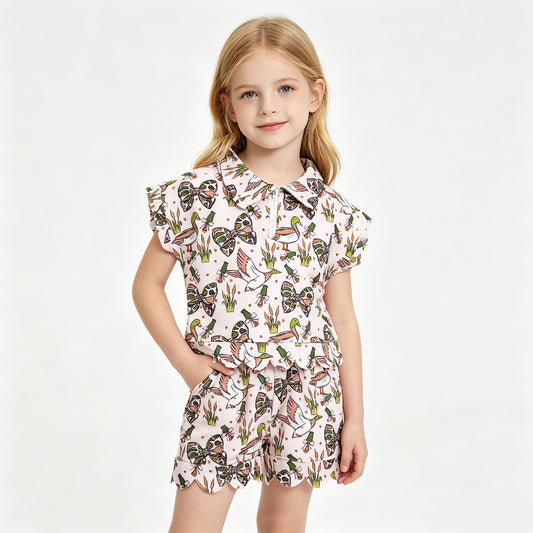 Duck & Bow Print Girls Summer Outfits Baby Girls Romper Sisters Matching Wear