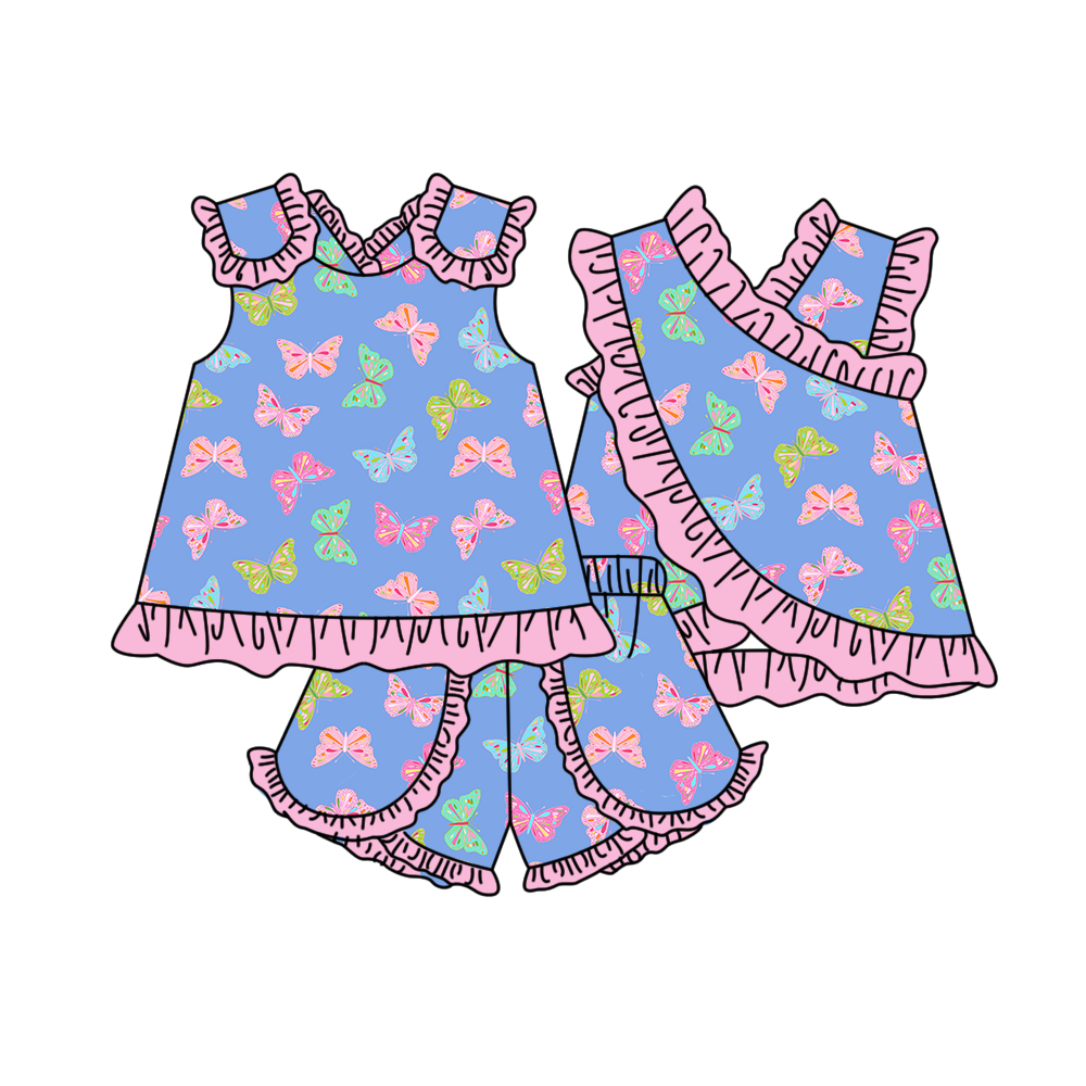 3.28 Blue Butterfly Print Ruffle Top & Bloomer Set for Baby Girls Preorder