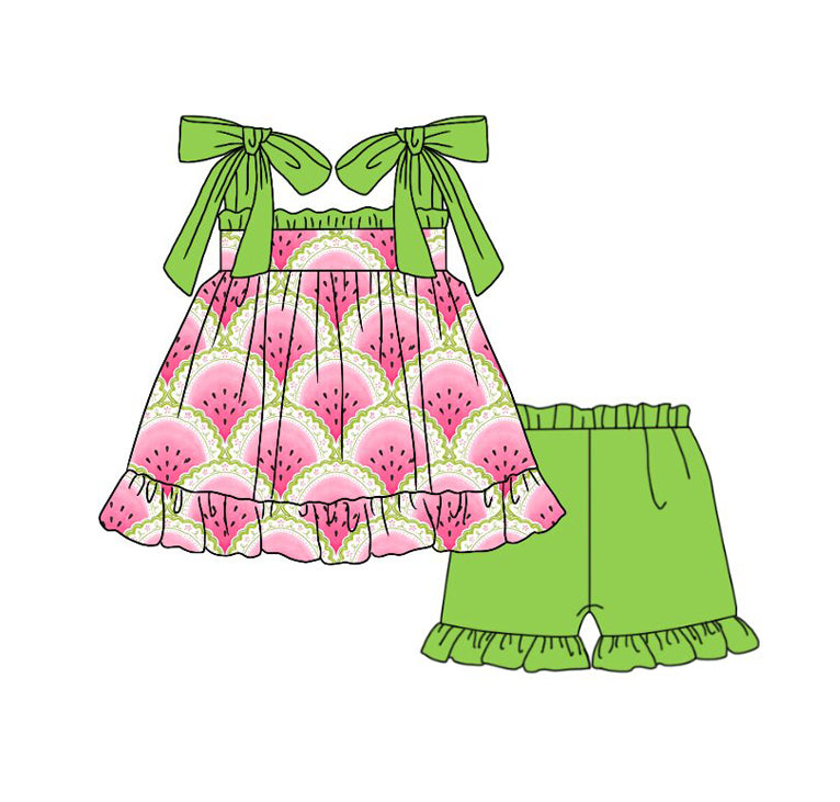 3.28 Watermelon Print Baby Girl Outfit Set – Bow Strap Ruffle Top & Green Shorts Summer Toddler Clothes Preorder