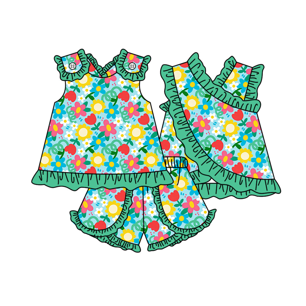 3.30 Baby Girls Flowers Sleeveless Top with Ruffle Shorts Outfit Preorder