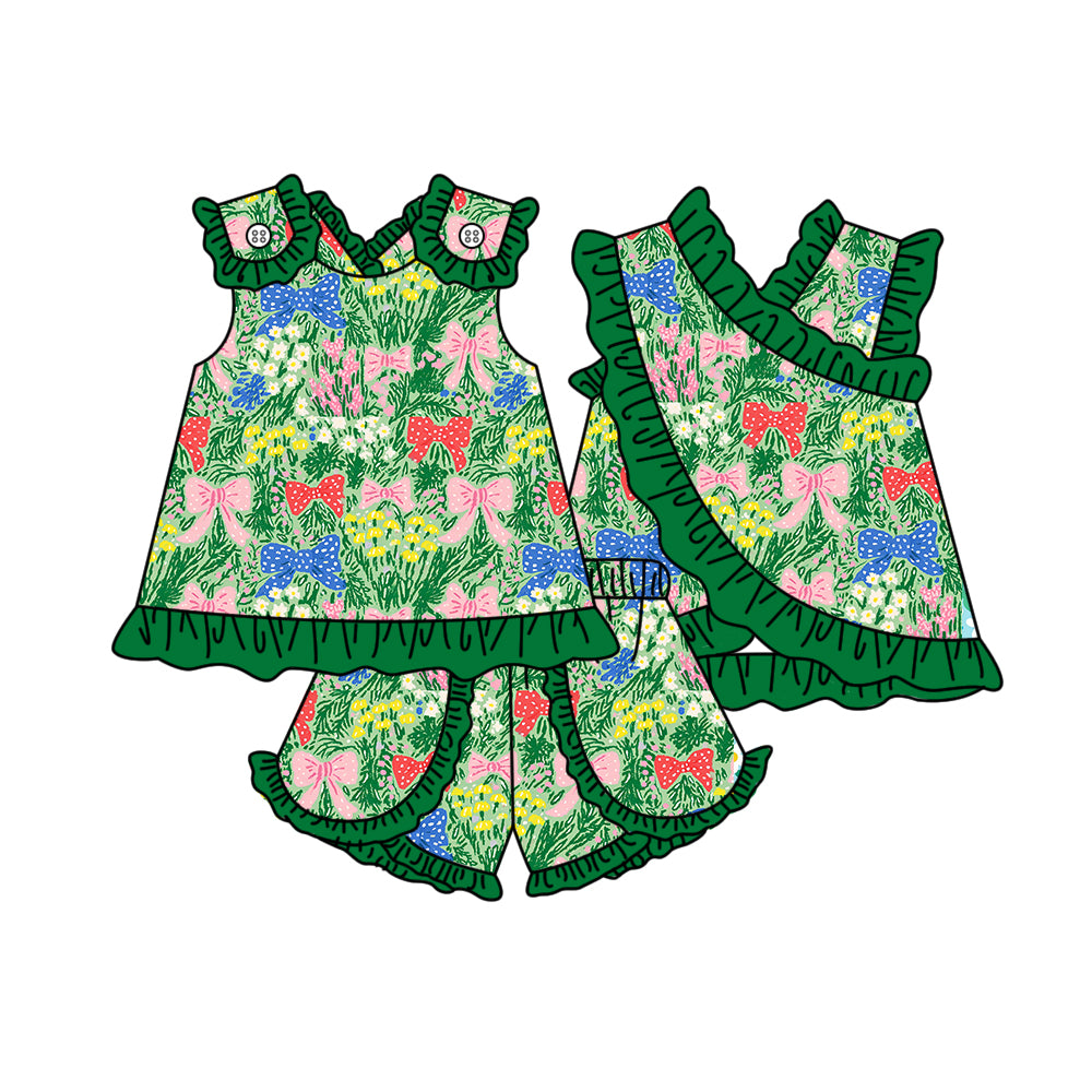 3.30 Toddler Girls Green Bow & Floral Print Ruffle Outfit Set - Sleeveless Top & Shorts Set Preorder
