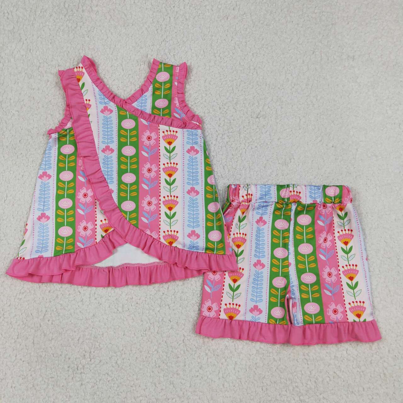GSSO3676 Flowers Backless Button Top Ruffle Shorts Girls Summer Clothes Set
