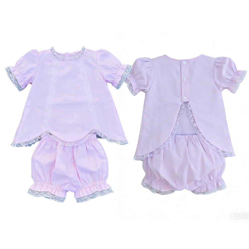3.30 oddler Girls Lavender Lace Trim 2-Piece Outfit | Puff Sleeve Top & Bloomer Shorts Set