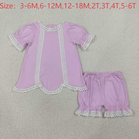 GSSO3681 Lavender Cotton Lace Trim 2-Piece Outfits | Puff Sleeve Backless Top & Bloomer Shorts Baby Girls Summer Clothes Set