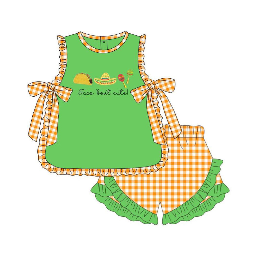 4.2 Toddler Girl Taco Bout Cute Outfit, Green Mexican Fiesta Short Set Preorder