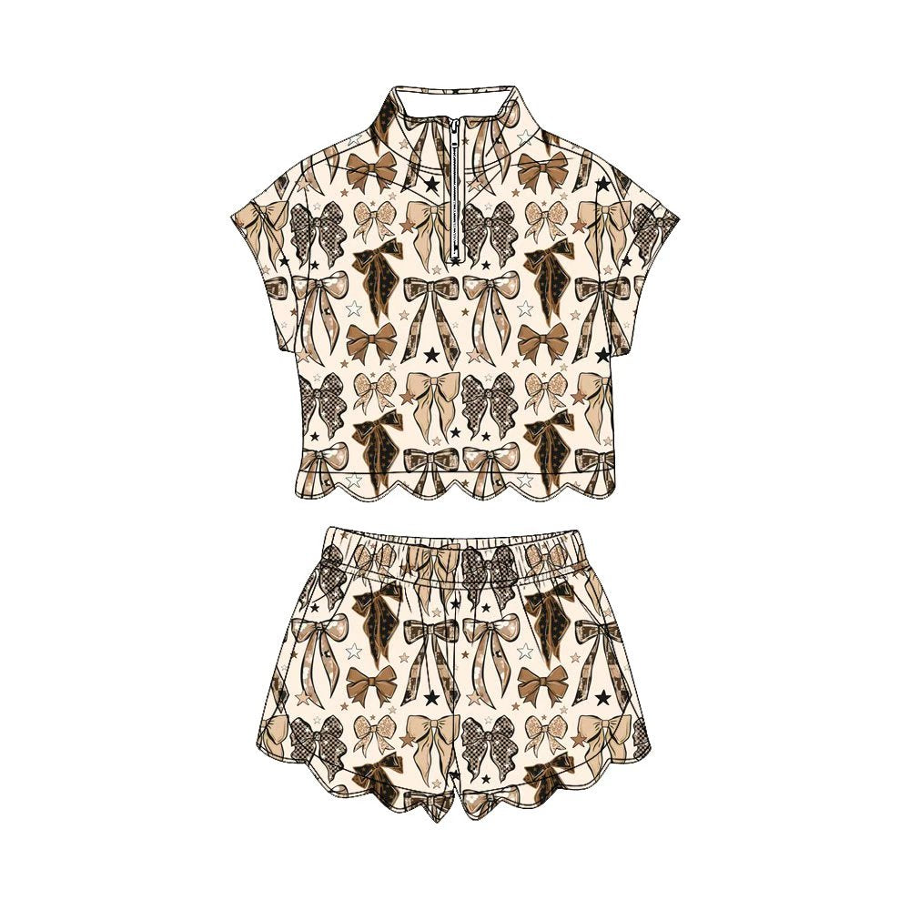 4.3 Toddler Girls Bow Print Two Piece Set, Scalloped Hem Zip Top & Shorts Outfit Preorder