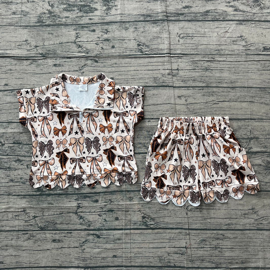4.3 Toddler Girls Bow Print Two Piece Set, Scalloped Hem Zip Top & Shorts Outfit Preorder