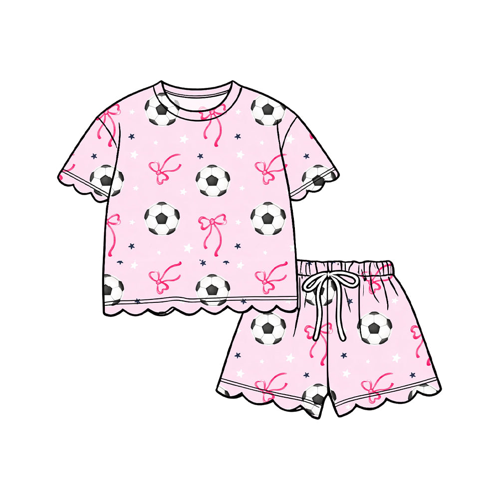 4.6 Girls Pink Soccer Bow Print Summer Scalloped Shorts Outfit