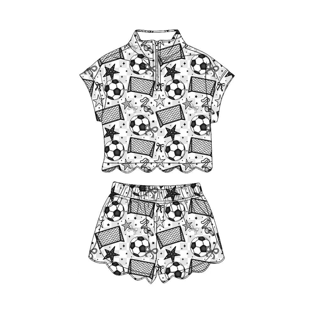 4.6 Girls Soccer Bow Print Short Sleeve Pullover Top with Shorts Outfit Preorder