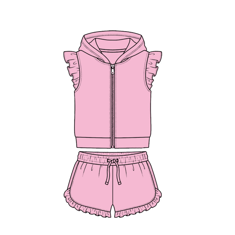 4.7 Pink Solid Color Flutter Sleeve Hoodie Top with Shorts Outfit Preorder