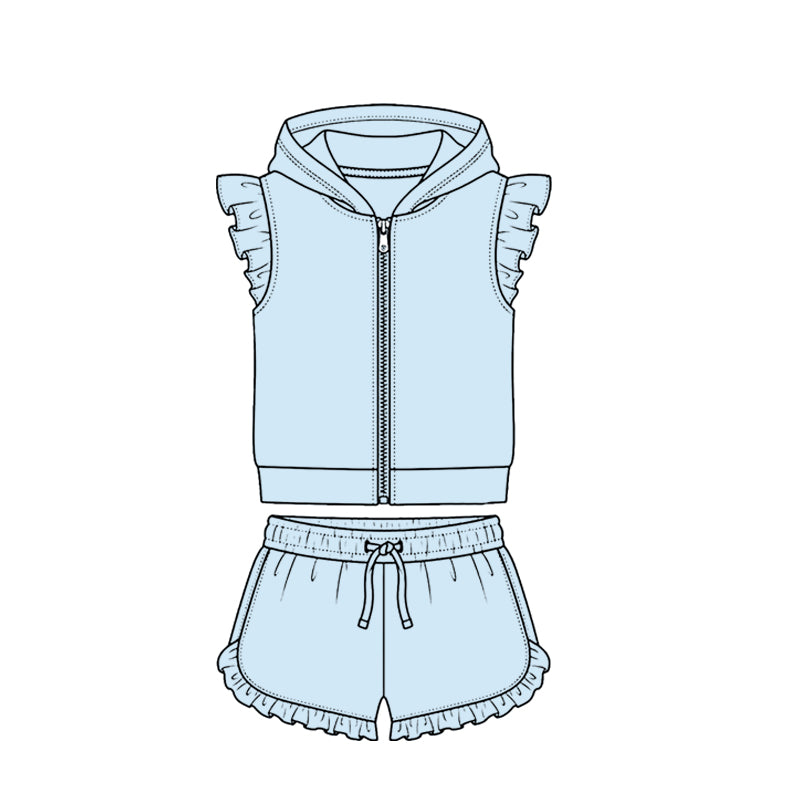 4.7 Sky Blue Solid Color Flutter Sleeve Hoodie Top with Shorts Outfit Preorder