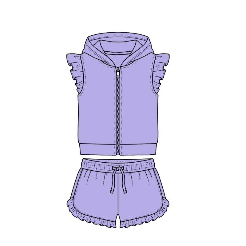 4.7 Violet Solid Color Flutter Sleeve Hoodie Top with Shorts Outfit Preorder