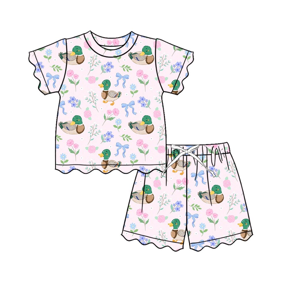 GSSO3737 Cute Mallard Duck Floral Scallop Edge Shorts Girls Summer Clothes Set
