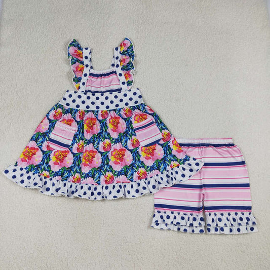 (Promotion)GSSO3739 Flowers Pockets Tunic Top Stripes Shorts Girls Summer Clothes Set