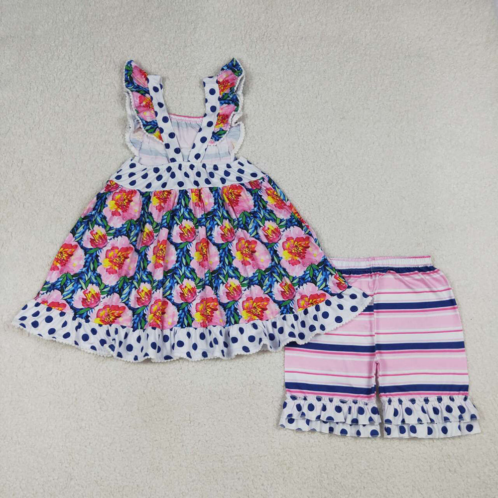 (Promotion)GSSO3739 Flowers Pockets Tunic Top Stripes Shorts Girls Summer Clothes Set