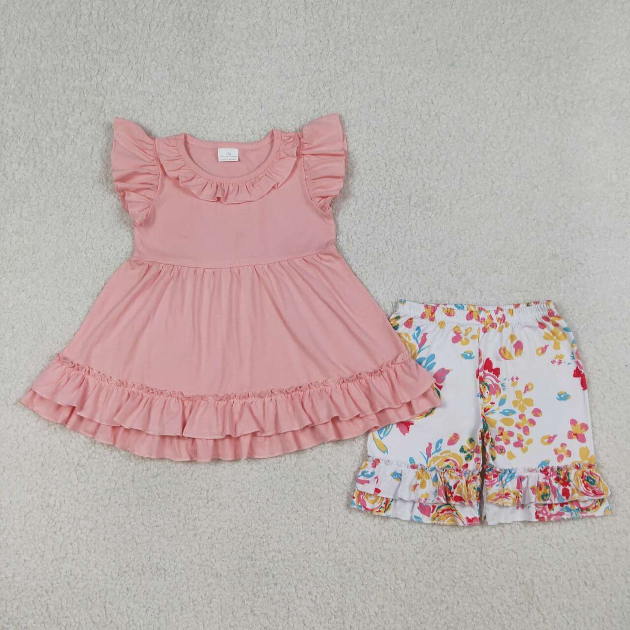 (Promotion)GSSO3743 Pink Ruffle Tunic Top Flowers Shorts Girls Summer Clothes Set