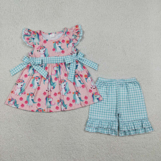 (Promotion)GSSO3747 Unicorn Flowers Tunic Top Plaid Shorts Girls Summer Clothes Set