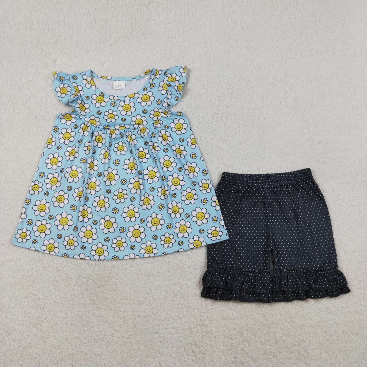 (Promotion)GSSO3749 Smiling Flowers Tunic Top Dots Shorts Girls Summer Clothes Set