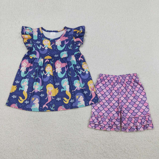 (Promotion)GSSO3751 Mermaid Tunic Top Scales Shorts Girls Summer Clothes Set