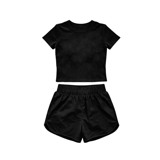 4.15 Toddler Girl Black 2 Piece Outfit, Top & Running Shorts Set for Kids Preorder