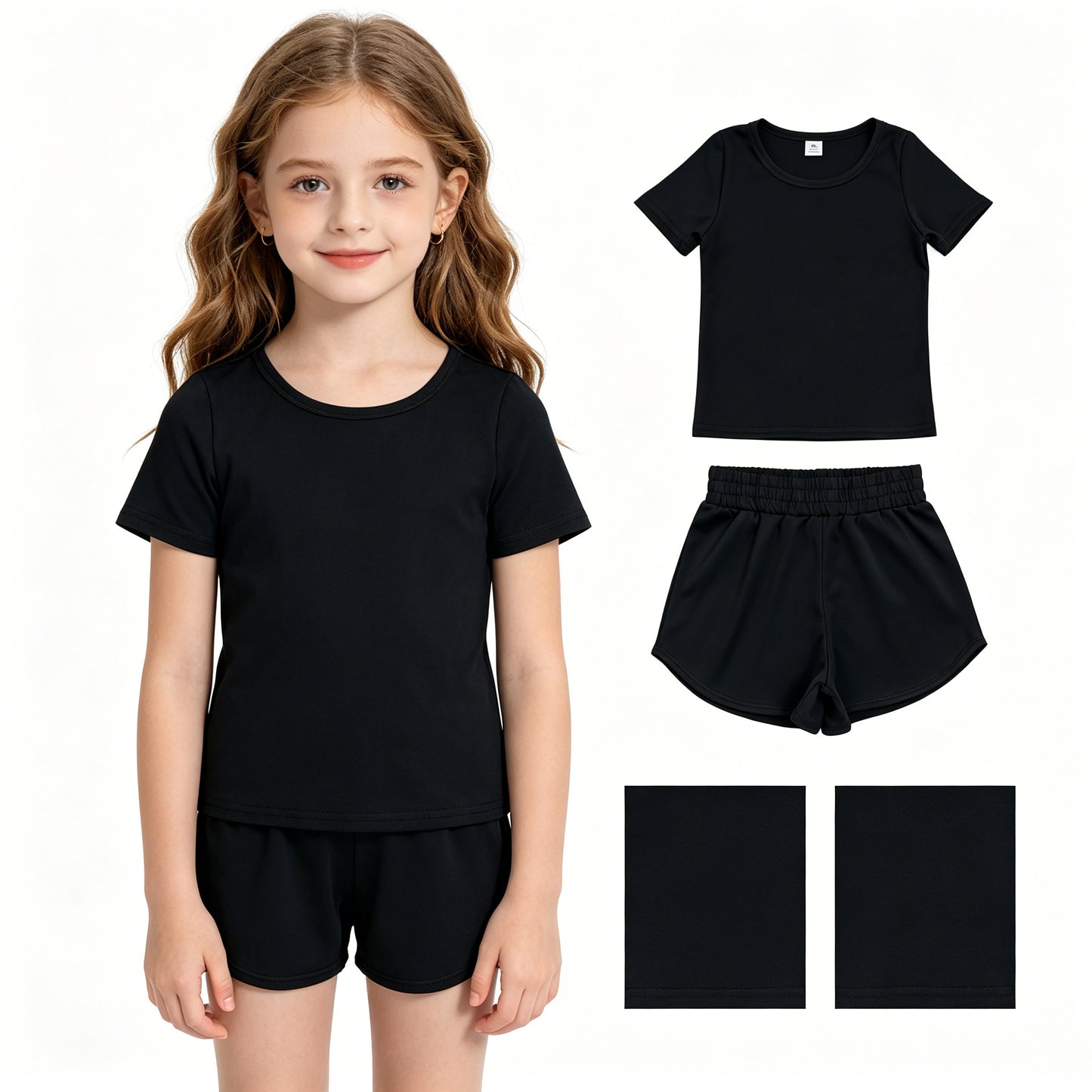 Toddler Girl Black 2 Piece Outfit, Top & Running Shorts Set for Kids