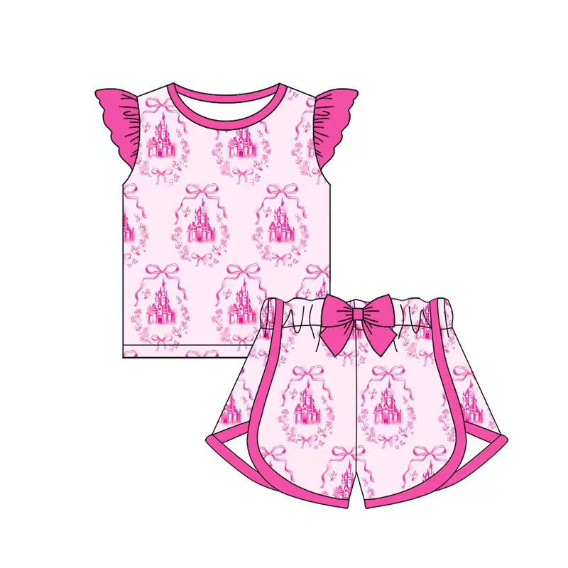 4.16 GSSO3773 Preorder Castle Bows Pink Shorts Girls Scallop Clothes Set