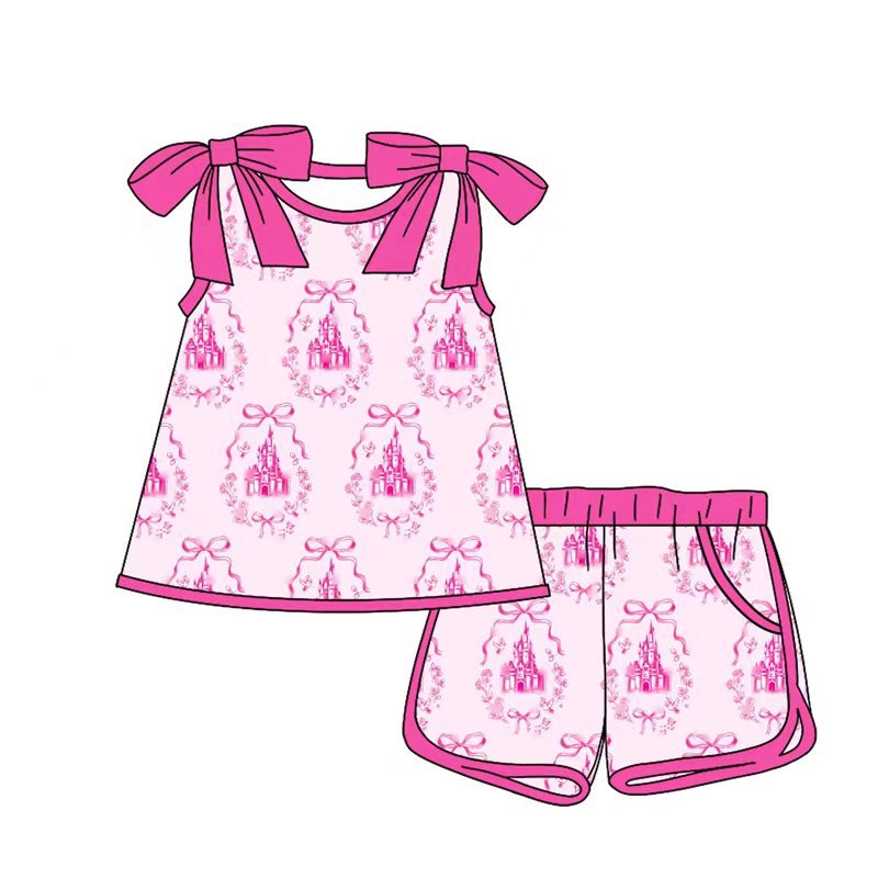 4.16 GSSO3774 Preorder Castle Bows Pink Pockets Shorts Girls Scallop Clothes Set