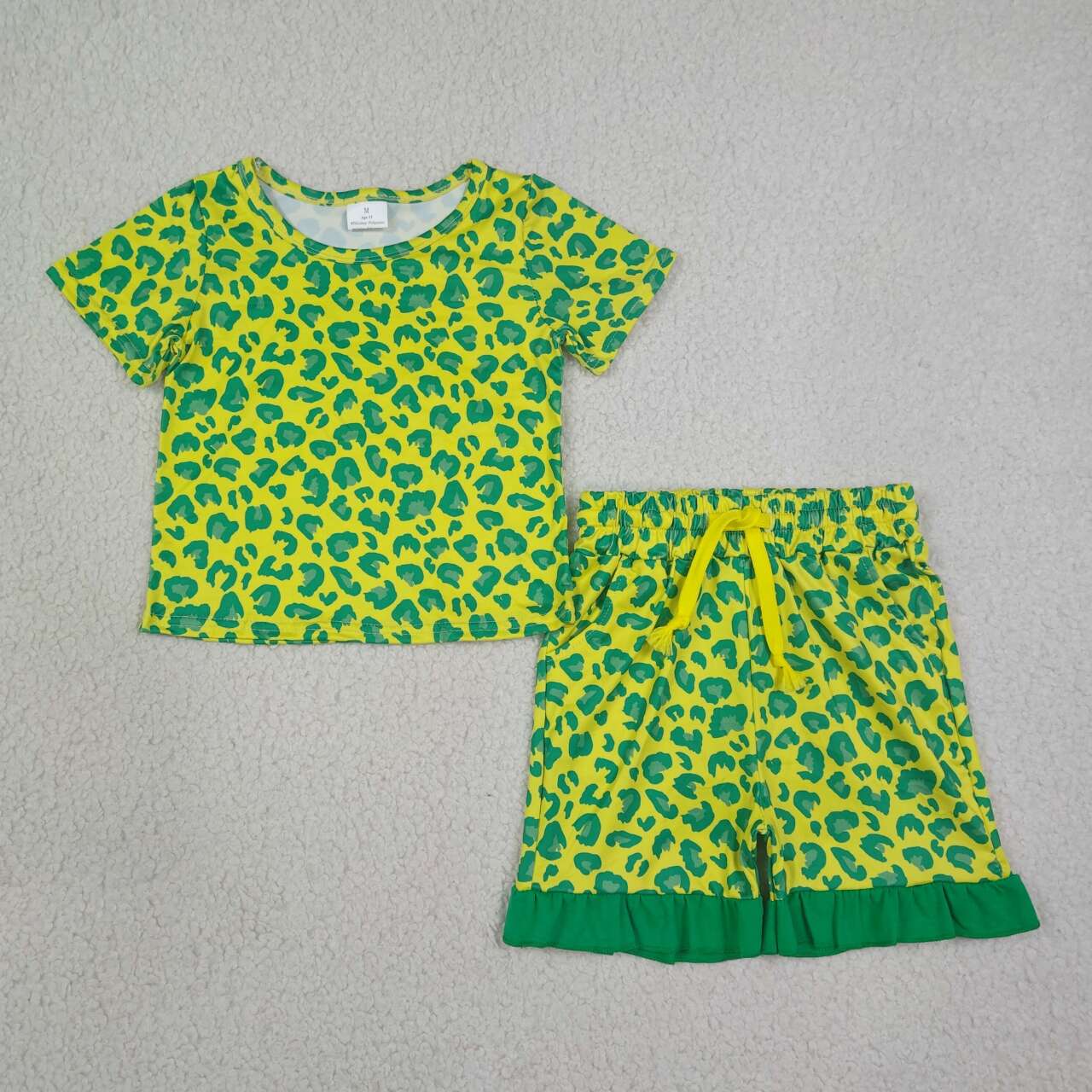 GSSO3812 Yellow Green Leopard Top Pockets Shorts Girls Summer Clothes Set
