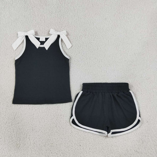 GSSO3817 Teams White Bow Vest Top Black Pockets Shorts Girls Cotton Summer Clothes Set
