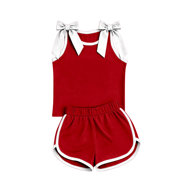 7.4 Preorder Girls White Bow Strap Tank & Red Shorts 2 Piece Outfit