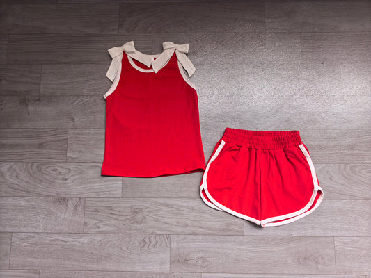 7.4 Preorder Girls White Bow Strap Tank & Red Shorts 2 Piece Outfit