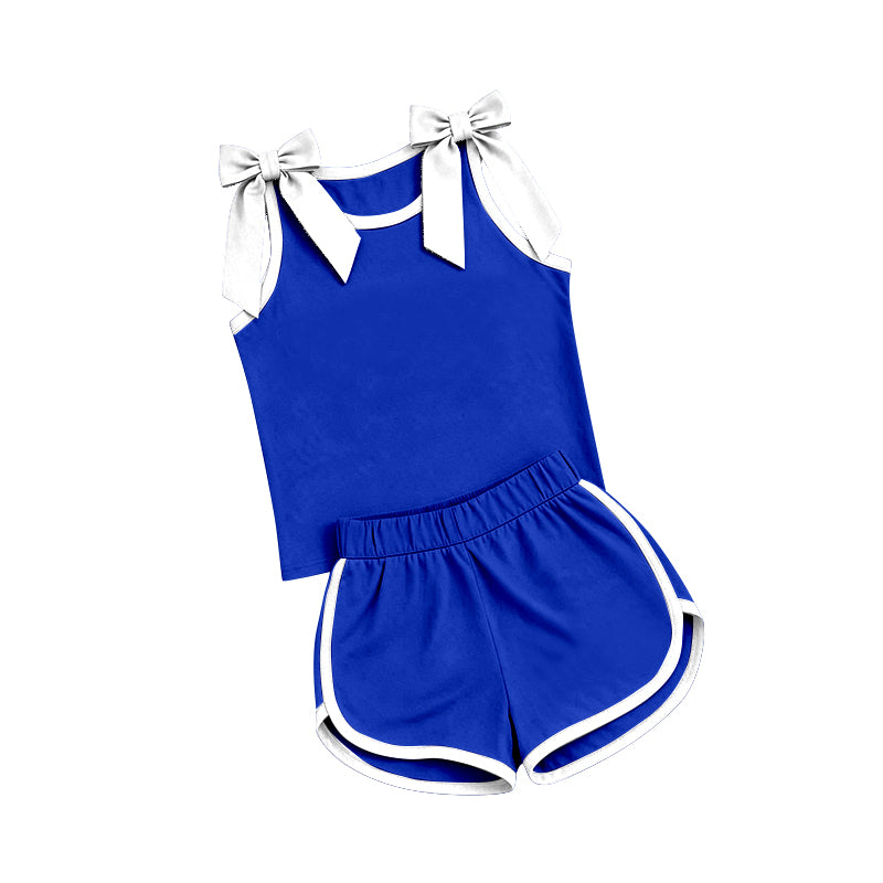 7.4 Preorder Girls White Bow Strap Tank & Blue Shorts 2 Piece Outfit