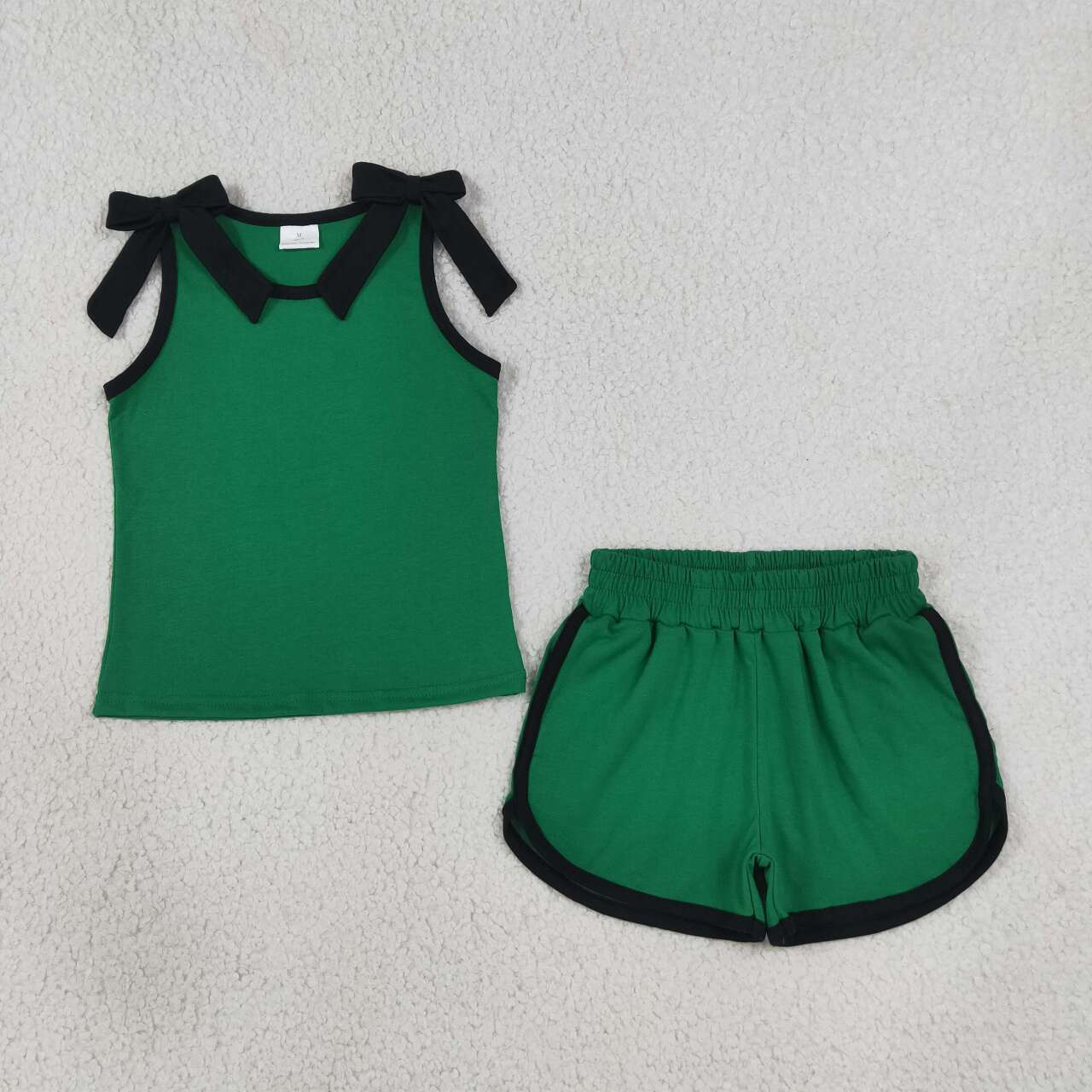 GSSO3825 Teams Black Bow Vest Top Green Pockets Shorts Girls Cotton Summer Clothes Set
