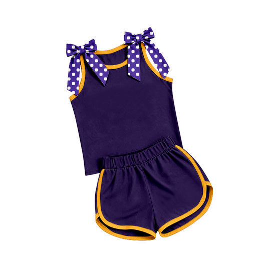 7.4 GSSO3826 Preorder Girls Purple Polka Dot Bow Strap Tank & Shorts 2 Piece Outfit